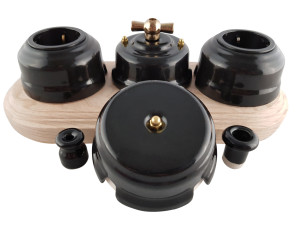 Выключатель керамика 1 кл. проходной (2 положения), Черный Nero, ручка бронза, Leanza ВППЧБ