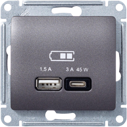 Розетка USB для быстрой зарядки, тип A+C 45ВТ, Графит, AtlasDesign SE GSL001329