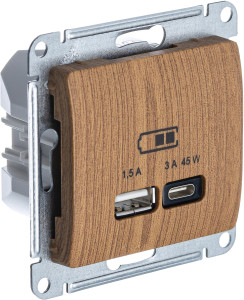 Розетка USB для быстрой зарядки, тип A+C 45ВТ, Дерево/Дуб, Glossa SE GSL000529