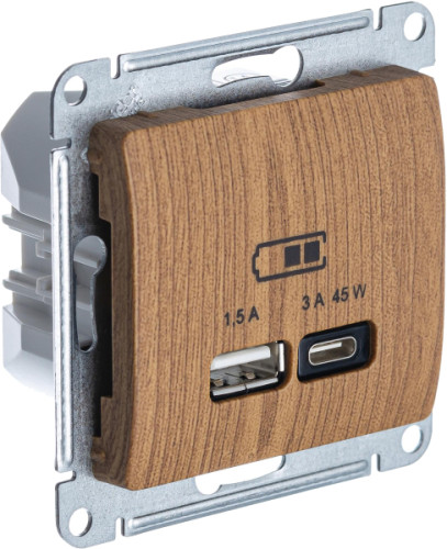 Розетка USB для быстрой зарядки, тип A+C 45ВТ, Дерево/Дуб, AtlasDesign SE GSL000529
