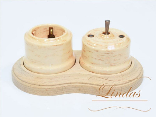 Выключатель керамика тумблерный 1 кл. перекрестный, кедр с медной ручкой Lindas 34624-C