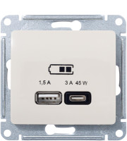 Розетка USB для быстрой зарядки, тип A+C 45ВТ, Молочный, AtlasDesign SE GSL000929