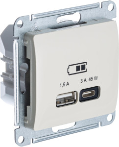 Розетка USB для быстрой зарядки, тип A+C 45ВТ, Молочный, Glossa SE GSL000929