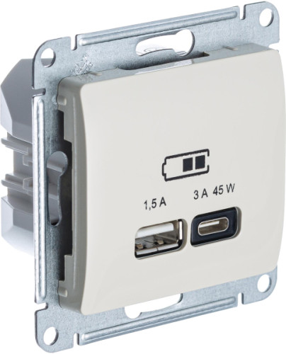 Розетка USB для быстрой зарядки, тип A+C 45ВТ, Молочный, AtlasDesign SE GSL000929
