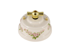 Выключатель керамика поворотный проходной на 2 положения, цв. розовые цветы, ручка золото Leanza ВППРЗ