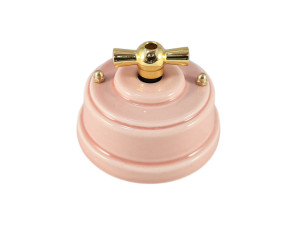 Выключатель керамика 1кл. проходной (2 положения), розовый rosa, ручка золото, Leanza ВППДЗ