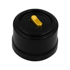 Выключатель пластик кнопочный 1 кл., Черный, ручка Золото, Bironi B1-220-23-G
