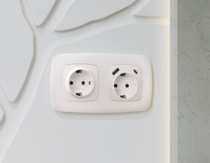 Лицевая панель розетки с З/К и USB зарядкой А+С с шторками, Жемчуг, OMEGA Quant Ambrella Volt OP2100