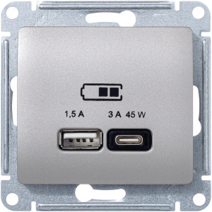 Розетка USB для быстрой зарядки, тип A+C 45ВТ, Платина, AtlasDesign SE GSL001229