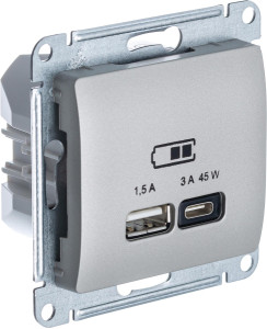 Розетка USB для быстрой зарядки, тип A+C 45ВТ, Платина, Glossa SE GSL001229