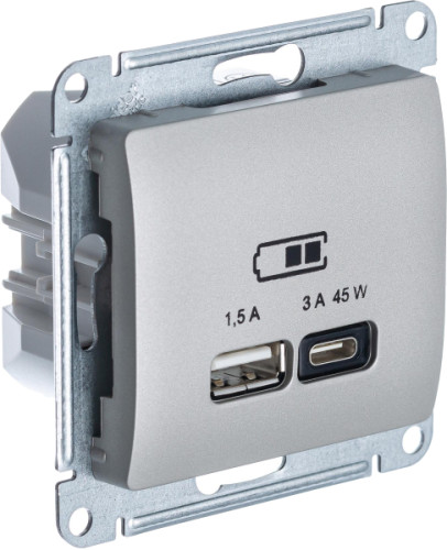 Розетка USB для быстрой зарядки, тип A+C 45ВТ, Платина, AtlasDesign SE GSL001229