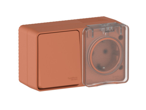 Блок розетка с З/К + выкл. 1 кл., влагозащищенный IP54, Терракотовый, AtlasDesign Profi54 SE ATN547070