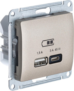 Розетка USB для быстрой зарядки, тип A+C 45ВТ, Титан, Glossa SE GSL000429
