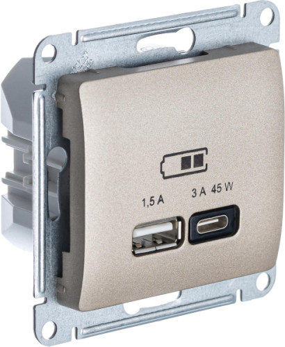 Розетка USB для быстрой зарядки, тип A+C 45ВТ, Титан, AtlasDesign SE GSL000429