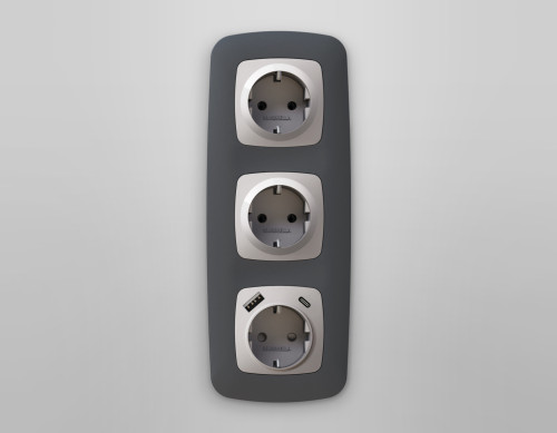 Лицевая панель розетки с З/К и USB зарядкой А+С с шторками, Серебро глянец, OMEGA Quant Ambrella Volt OP4100
