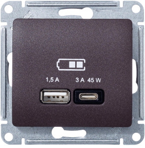 Розетка USB для быстрой зарядки, тип A+C 45ВТ, Шоколад, AtlasDesign SE GSL000829