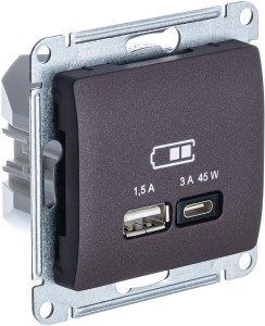 Розетка USB для быстрой зарядки, тип A+C 45ВТ, Шоколад, Glossa SE GSL000829