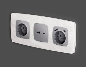 Лицевая панель розетки с З/К и USB зарядкой А+С с шторками, Сталь матовый, OMEGA Quant Ambrella Volt OP5100