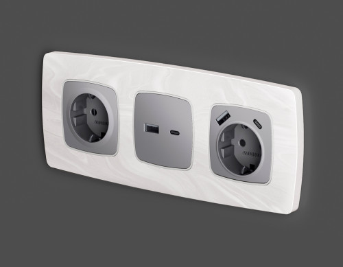 Лицевая панель розетки с З/К и USB зарядкой А+С с шторками, Сталь матовый, OMEGA Quant Ambrella Volt OP5100
