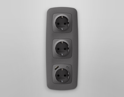 Лицевая панель розетки с З/К и USB зарядкой А+С с шторками, Антрацит серый, OMEGA Quant Ambrella Volt OP6600
