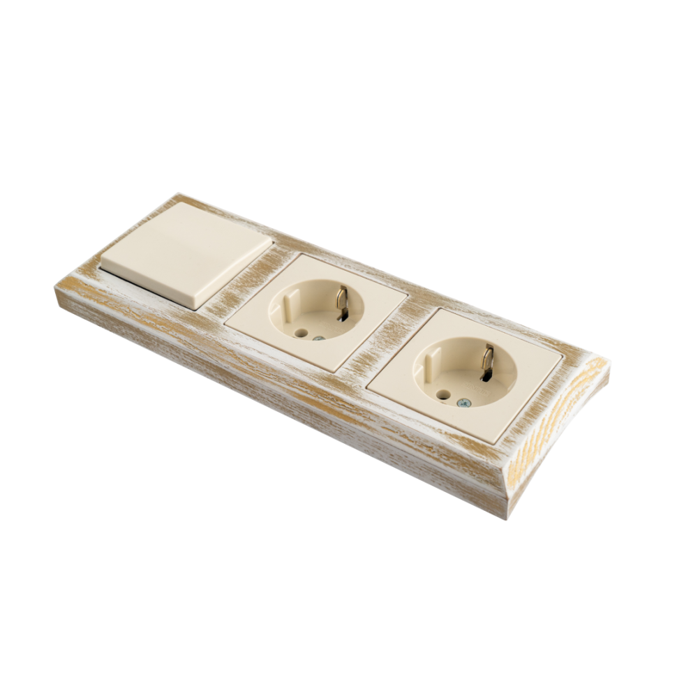 Рамка 3 местная деревянная под электрику JUNG/ABB Basic 55 на бревно D220, белый-золотой, DecoWood СМБЗ553-220