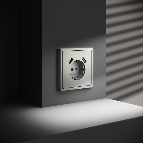 Розетка c З/К, шторками и USB зарядкой A+A, Сталь, S70 Voltum VLS040405