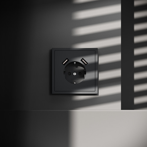 Розетка c З/К, шторками и USB зарядкой A+A, Графит, S70 Voltum VLS040407