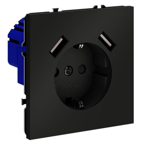 Розетка c З/К, шторками и USB зарядкой A+A, Черный матовый, S70 Voltum VLS040408