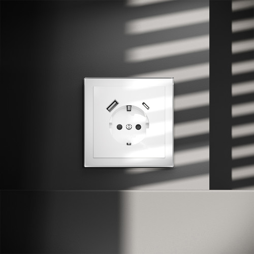 Розетка c З/К, шторками и USB зарядкой A+C, Белый глянцевый, Voltum S70 VLS040501