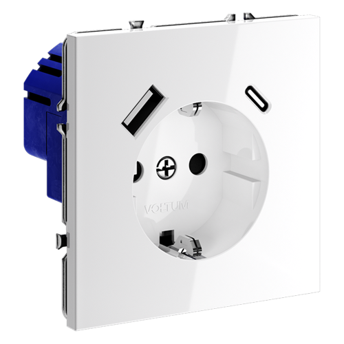 Розетка c З/К, шторками и USB зарядкой A+C, Белый глянцевый, Voltum S70 VLS040501