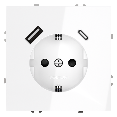 Розетка c З/К, шторками и USB зарядкой A+C, Белый глянцевый, Voltum S70 VLS040501