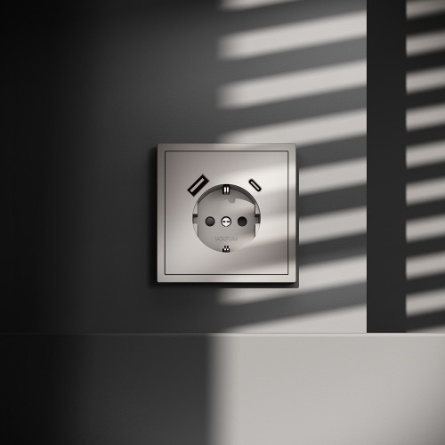 Розетка c З/К, шторками и USB зарядкой A+C, Кашемир, Voltum S70 VLS040503