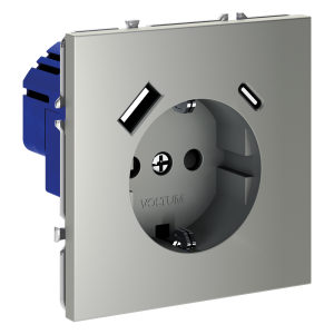 Розетка c З/К, шторками и USB зарядкой A+C, Сталь, Voltum S70 VLS040505