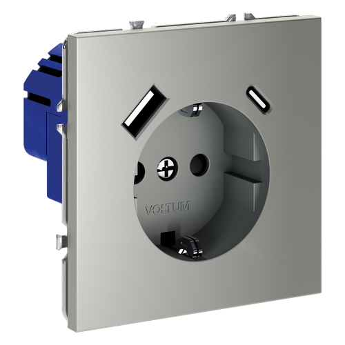 Розетка c З/К, шторками и USB зарядкой A+C, Сталь, Voltum S70 VLS040505