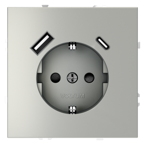Розетка c З/К, шторками и USB зарядкой A+C, Сталь, Voltum S70 VLS040505