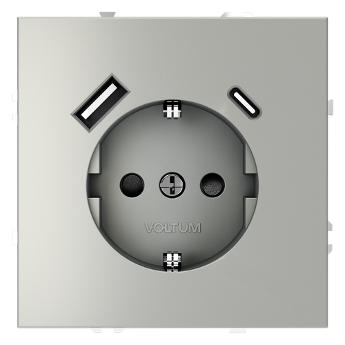 Розетка c З/К, шторками и USB зарядкой A+C, Сталь, Voltum S70 VLS040505