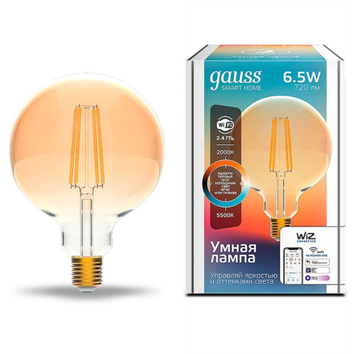 Лампа светодиодная диммируемая филаментная Gauss Smart Home Filament E27 6,5W 2000-5500K золотистая 1340112