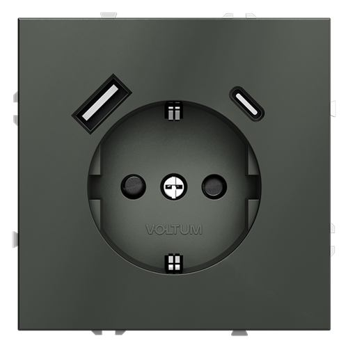 Розетка c З/К, шторками и USB зарядкой A+C, Титан, Voltum S70 VLS040506