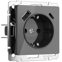 Розетка с З/К и USB зарядкой, тип А+С, Акрил графит, Werkel W1171744