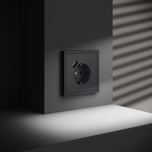 Розетка c З/К, шторками и USB зарядкой A+C, Графит, Voltum S70 VLS040507