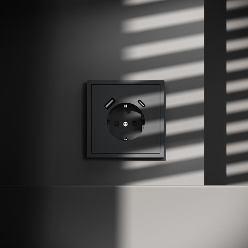 Розетка c З/К, шторками и USB зарядкой A+C, Графит, Voltum S70 VLS040507