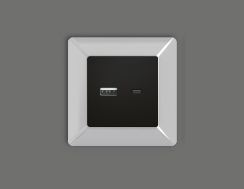 Лицевая панель розетки USB для быстрой зарядки тип A+C, Черный матовый, ALFA Quant Ambrella Volt AP8110