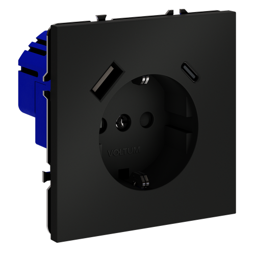 Розетка c З/К, шторками и USB зарядкой A+C, Черный матовый, Voltum S70 VLS040508