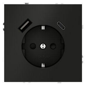 Розетка c З/К, шторками и USB зарядкой A+C, Черный матовый, Voltum S70 VLS040508