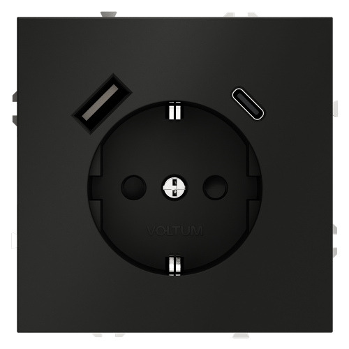 Розетка c З/К, шторками и USB зарядкой A+C, Черный матовый, Voltum S70 VLS040508