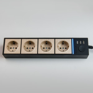 Удлинитель 4 местный с З/К + USB, 1.7 метра, Чёрный/шампань рифленый, Werkel W6514944