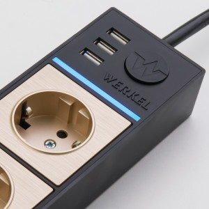 Удлинитель 4 местный с З/К + USB, 1.7 метра, Чёрный/шампань рифленый, Werkel W6514944