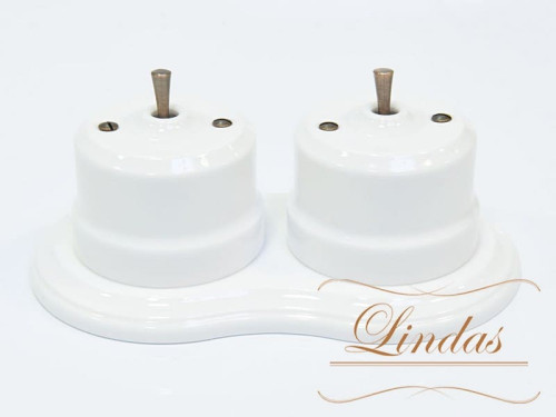 Выключатель керамика тумблерный 1 кл. проходной, белый с медной ручкой Lindas 34510-C