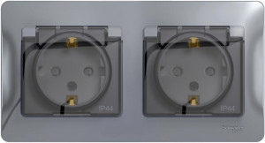Розетка 2 местная с З/К, крышкой и шторкой IP44, Алюминий, Glossa SE GSL000347