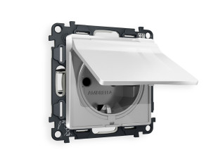 Розетка с З/К с крышкой и шторками, герметичная IP44, Серебро глянец, ALFA Quant Ambrella Volt MA408010